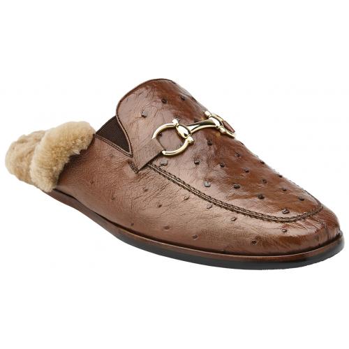 Belvedere "Abel" Brown Genuine Ostrich And Mule Slip-On Shoes 4001.
